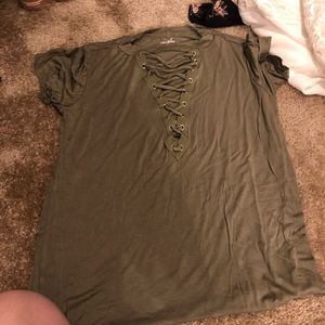Army green top with lattice front